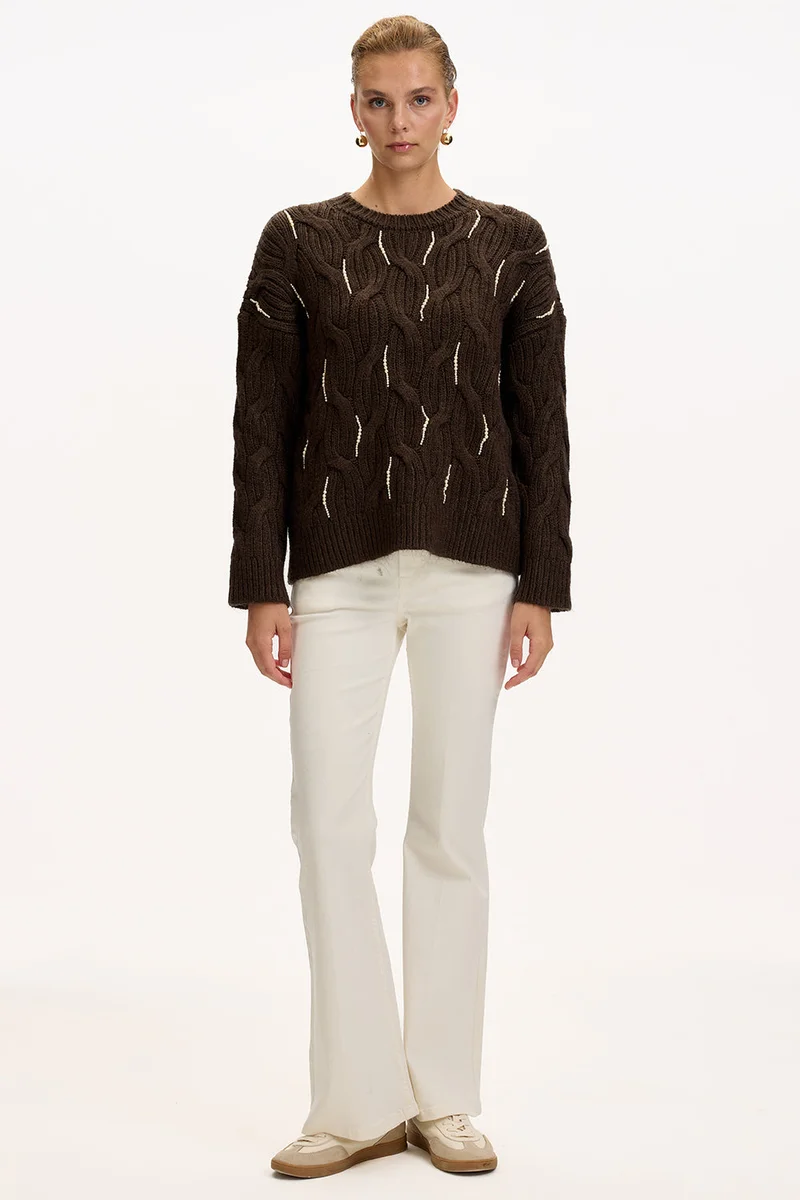 Exquise Beaded Crew Neck Regular Knit Brown Blouse