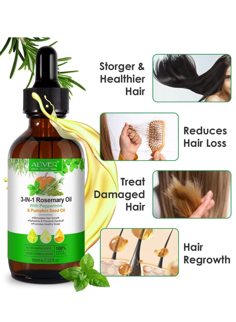 ALIVER زيت إكليل الجبل 3 في 1 مع زيت النعناع وبذور اليقطين للعناية بالشعر، زيت بلسم للشعر الخفيف، إصلاح الشعر التالف، تغذية الشعر الخفيف، فروة الرأس والجلد وتساقط الشعر، مناسب لجميع أنواع الشعر - Image 3