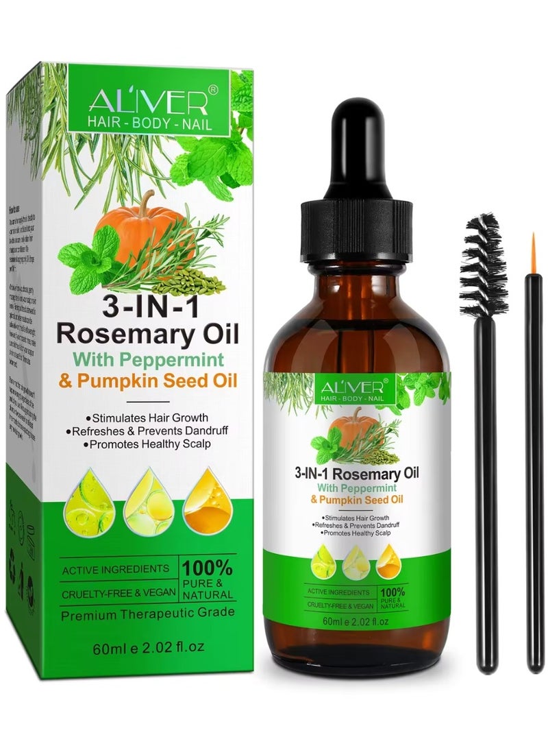 ALIVER زيت إكليل الجبل 3 في 1 مع زيت النعناع وبذور اليقطين للعناية بالشعر، زيت بلسم للشعر الخفيف، إصلاح الشعر التالف، تغذية الشعر الخفيف، فروة الرأس والجلد وتساقط الشعر، مناسب لجميع أنواع الشعر - Image 1
