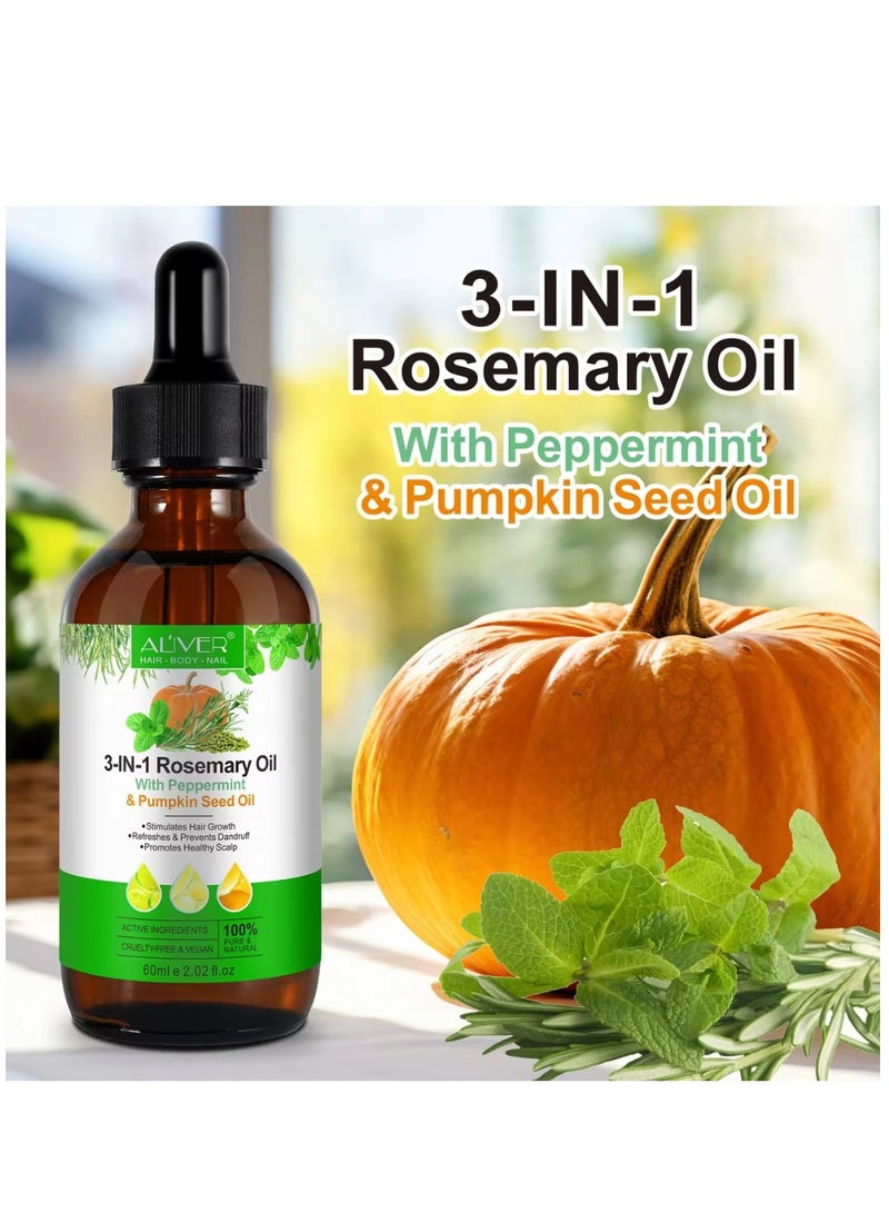 ALIVER زيت إكليل الجبل 3 في 1 مع زيت النعناع وبذور اليقطين للعناية بالشعر، زيت بلسم للشعر الخفيف، إصلاح الشعر التالف، تغذية الشعر الخفيف، فروة الرأس والجلد وتساقط الشعر، مناسب لجميع أنواع الشعر - Image 2