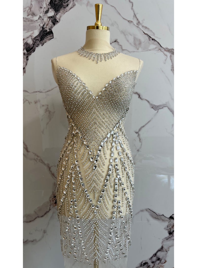 Luxury Short Dress | Rhinestone and Crystals Fabric for Bridal , Prom, Reception, Events, Unstitched Form - Image 1