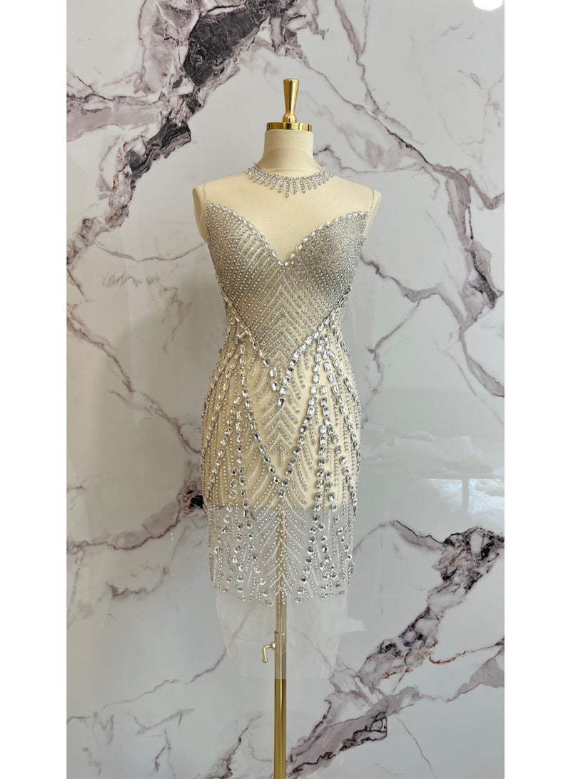 Luxury Short Dress | Rhinestone and Crystals Fabric for Bridal , Prom, Reception, Events, Unstitched Form - Image 2