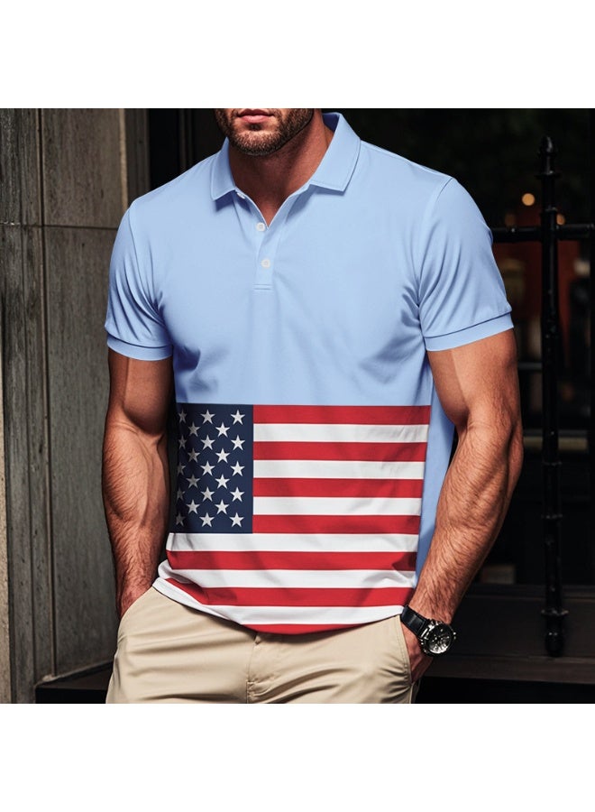 American Style Summer Men's Thin Quick Dry Ice Silk National Flag Print Breathable Polo Shirt Casual Short Sleeve Loose Fit - Image 2