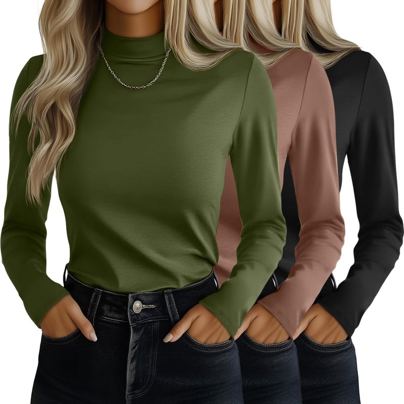 Ficerd 3 Pack Womens Mock Turtleneck Shirts Long Sleeve Mock Neck Pullover Tops Slim Fitted Stretch Undershirt Tee BlouseBlack Coffee Army GreenXXLarge - Image 2