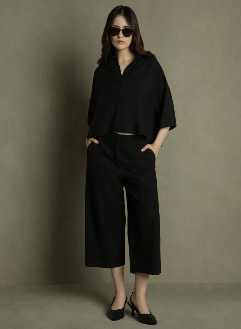 Dennis Lingo Black Relaxed Fit Culottes Trouser for Women - Cotton Poplin, Full Length, Mid Rise, Casual, - Image 1