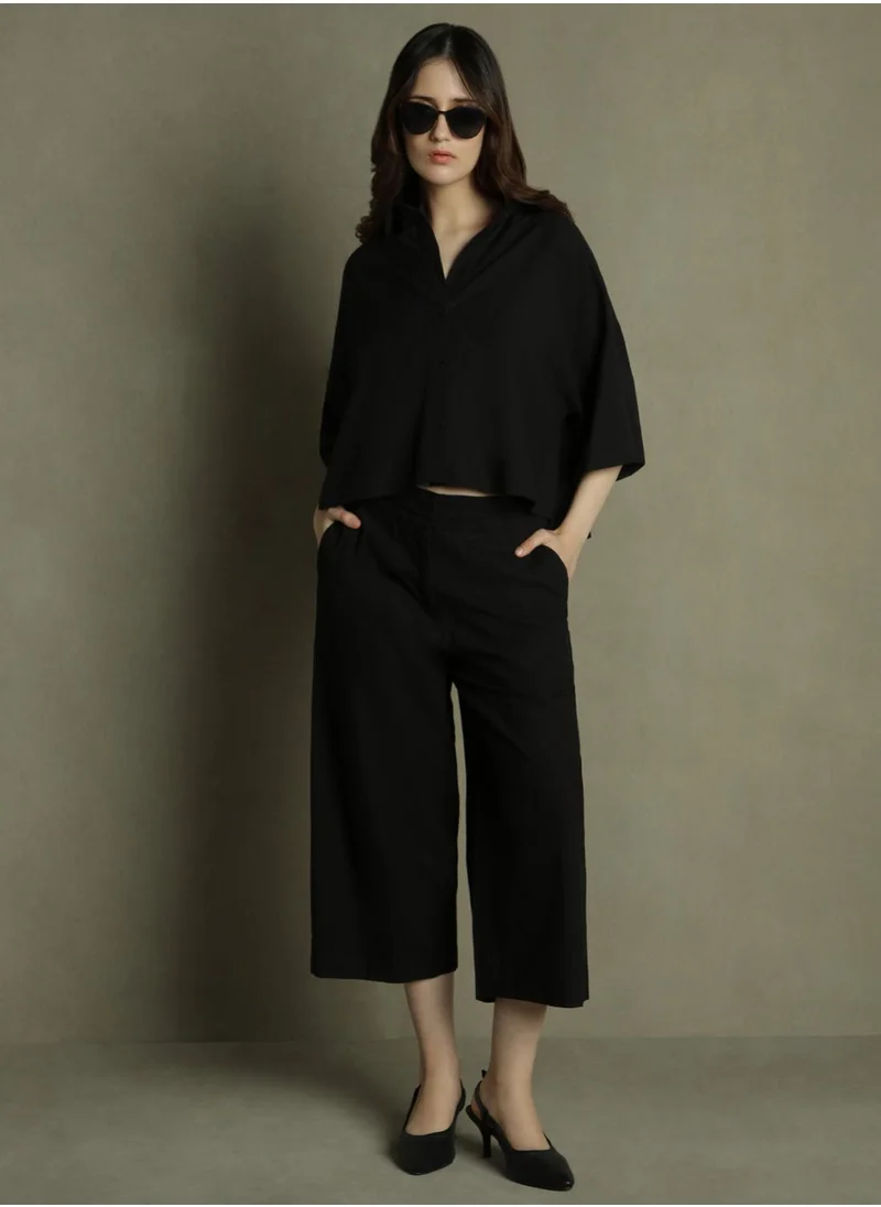 دينيس لينغو Black Relaxed Fit Culottes Trouser for Women - Cotton Poplin, Full Length, Mid Rise, Casual