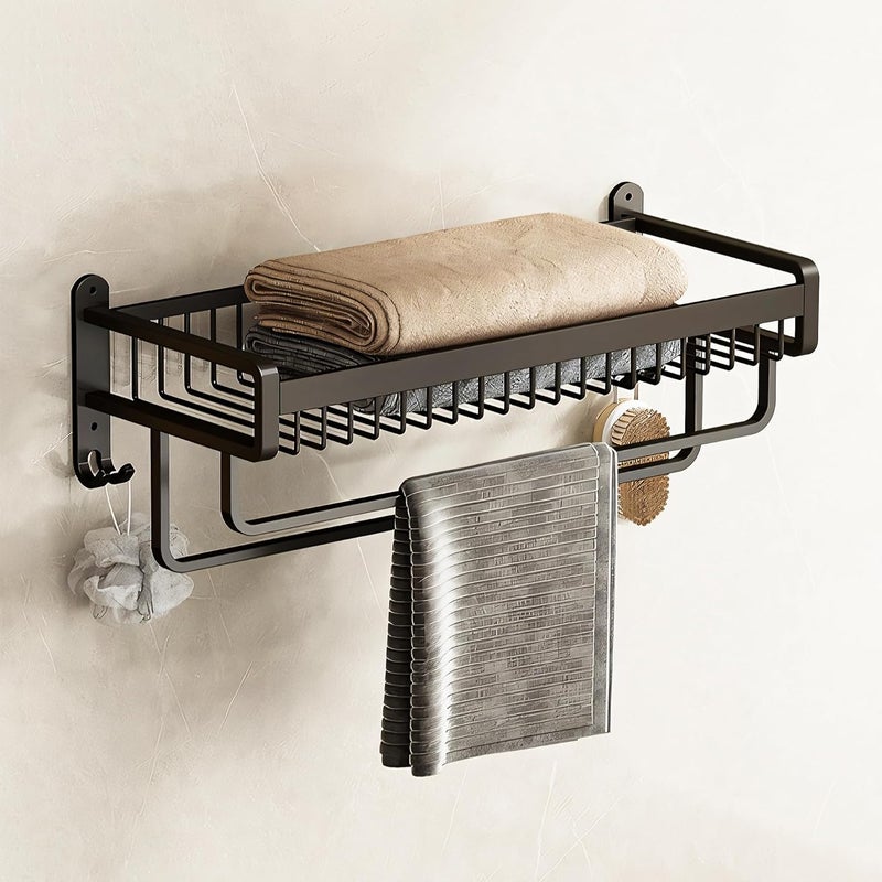 MIORAH Self Adhesive 24 Inch Foldable Aluminum Towel Rack for Bathroom | Wall Mounted Double-Tier Towel Holder with Rod & Hooks | Rustproof - Image 1