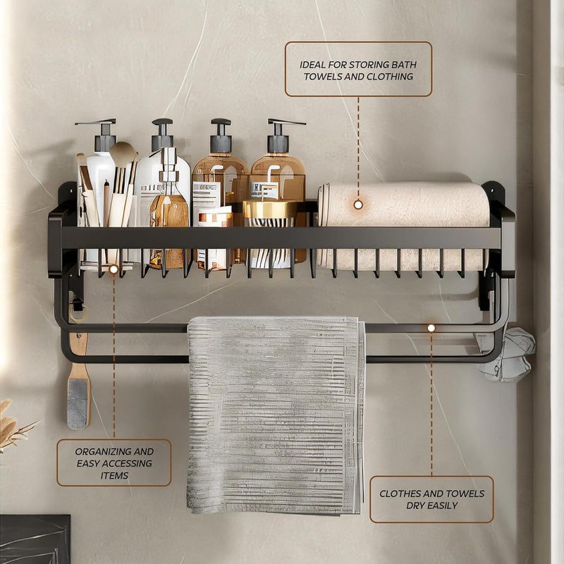 MIORAH Self Adhesive 24 Inch Foldable Aluminum Towel Rack for Bathroom | Wall Mounted Double-Tier Towel Holder with Rod & Hooks | Rustproof - Image 4