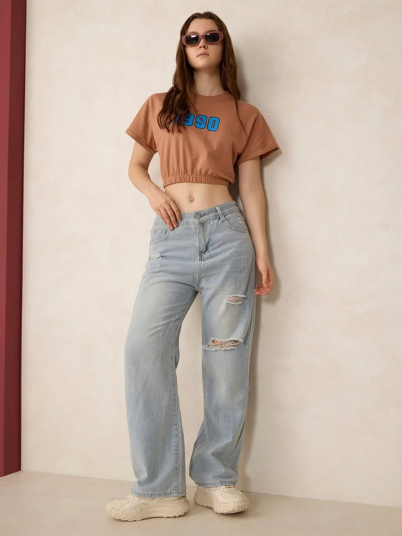 Outzidr Mauve Mauve Boxy Cropped Elasticated Hem Sweatshirt for Women | Best Price UAE