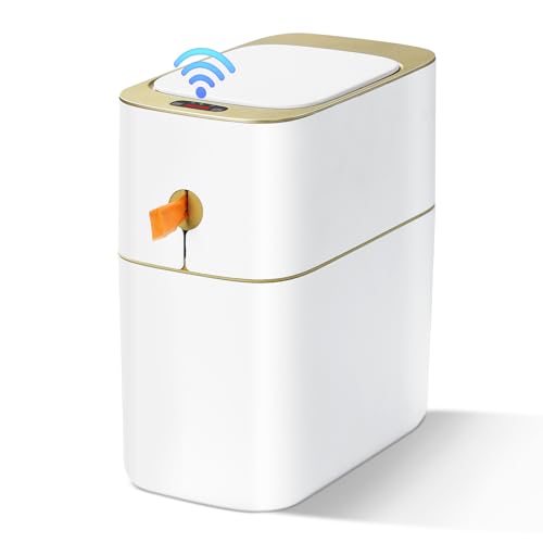 MOPALL Automatic Bathroom Trash Can with Lid, 3.1 Gallon / 13L Smart Motion Sensor Touchless Small Waste Basket, Slim Plastic Garbage Can for Bedroom Kitchen Office Home Toilet, White & Gold - Image 1