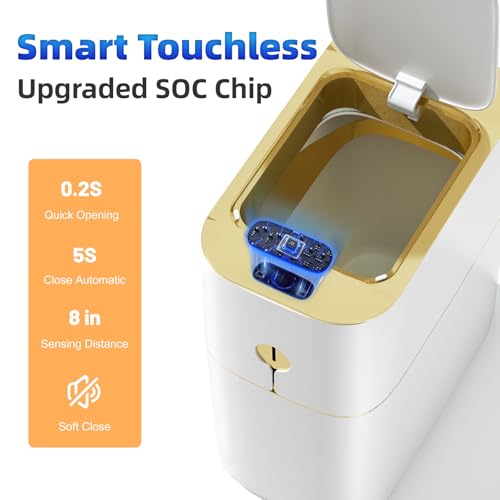MOPALL Automatic Bathroom Trash Can with Lid, 3.1 Gallon / 13L Smart Motion Sensor Touchless Small Waste Basket, Slim Plastic Garbage Can for Bedroom Kitchen Office Home Toilet, White & Gold - Image 2