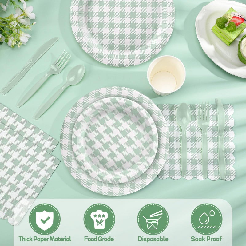 NatNarr 175 Pcs Gingham Paper Plates, Sage Green Baby Shower Decorations Include Sage Green Plates and Napkins Disposable Checkered Dinnerware Set for Bridal Shower, Wedding, Birthday - Image 4