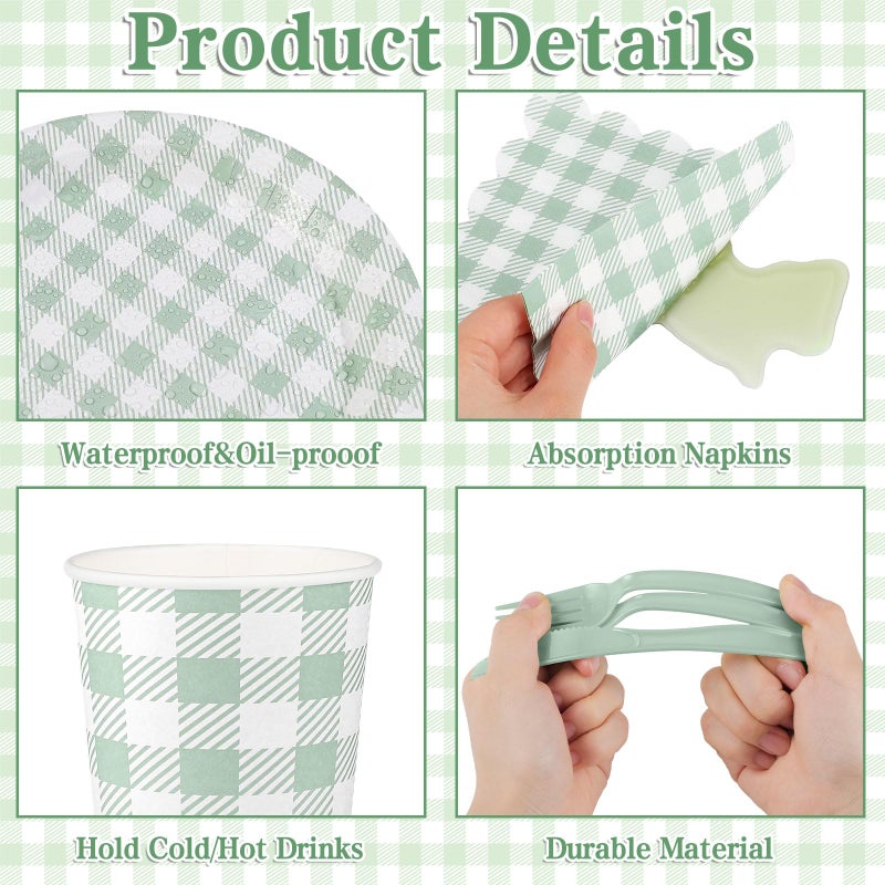 NatNarr 175 Pcs Gingham Paper Plates, Sage Green Baby Shower Decorations Include Sage Green Plates and Napkins Disposable Checkered Dinnerware Set for Bridal Shower, Wedding, Birthday - Image 3