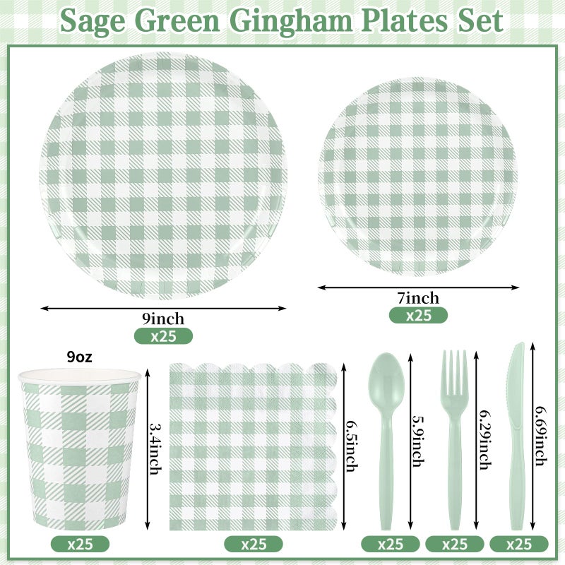NatNarr 175 Pcs Gingham Paper Plates, Sage Green Baby Shower Decorations Include Sage Green Plates and Napkins Disposable Checkered Dinnerware Set for Bridal Shower, Wedding, Birthday - Image 2