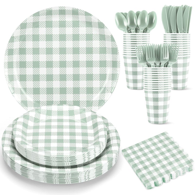 NatNarr 175 Pcs Gingham Paper Plates, Sage Green Baby Shower Decorations Include Sage Green Plates and Napkins Disposable Checkered Dinnerware Set for Bridal Shower, Wedding, Birthday - Image 1