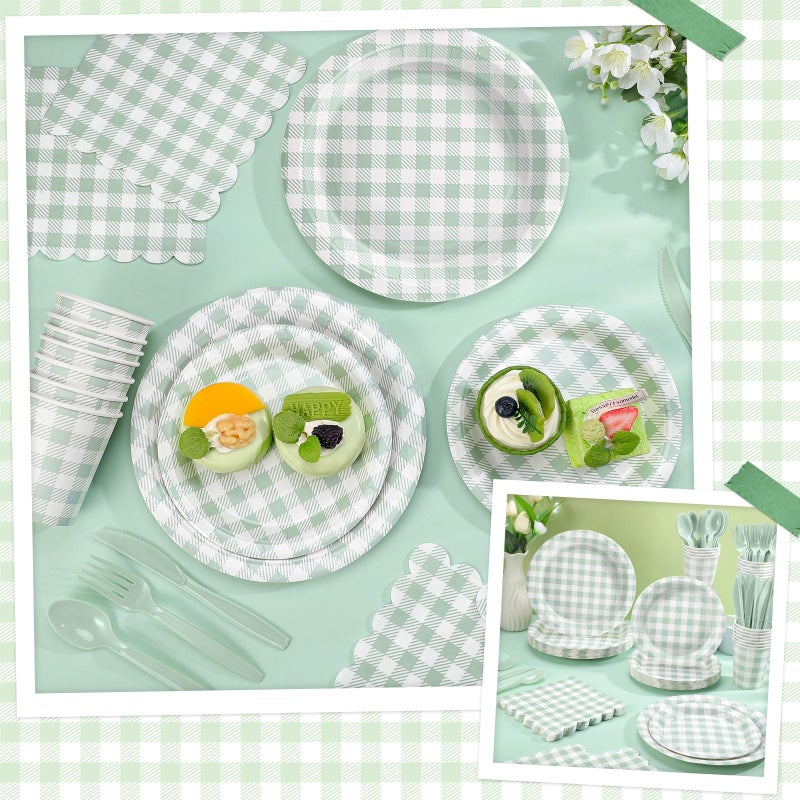 NatNarr 175 Pcs Gingham Paper Plates, Sage Green Baby Shower Decorations Include Sage Green Plates and Napkins Disposable Checkered Dinnerware Set for Bridal Shower, Wedding, Birthday - Image 5