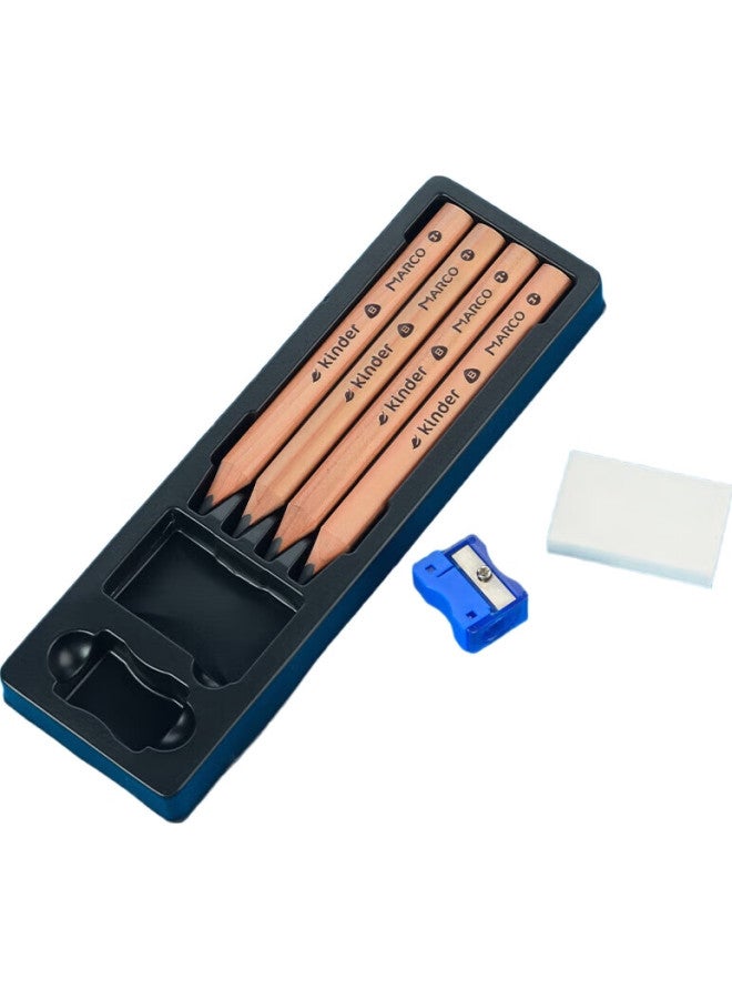 Marco [Lowest Price Online] Marco Snow Cedar Wood Pencils B For Preschoolers, Thick Triangular Easy-Grip Writing Pencils, 4-Pack (With Sharpener), 610 Children'S Series For Art And Sketching - Image 1