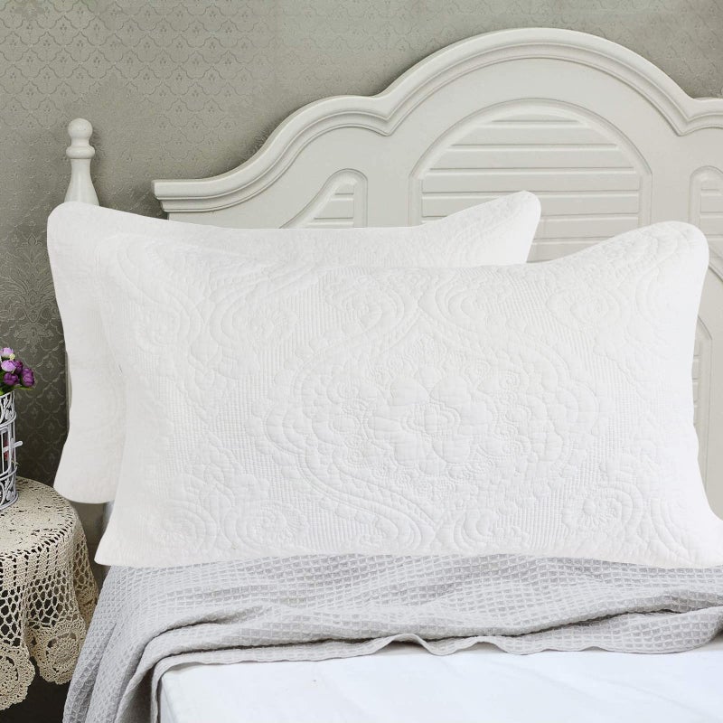 Brandream White Damask Quilted Pillow Shams Cotton Standard Size Pillow Cases Set of 2 Comfy Soft Decorative Pillow Covers - Image 1