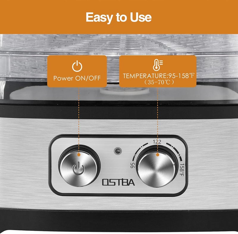 OSTBA Food Dehydrator, Dehydrator for Food and Jerky, Fruits, Herbs, Veggies, Temperature Control Electric Food Dryer Machine, 5 BPA-Free Trays Dishwasher Safe, 240W, Recipe Book Included - Image 2