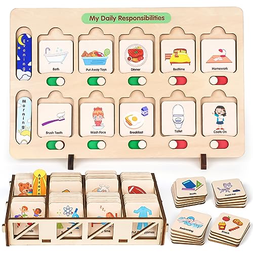 Dreamon Wooden Visual Schedule for Kids Chore Chart, Morning Bedtime Routine Charts for Kids Toddlers, autism learning materials&Daily Schedule Board for home - Image 1
