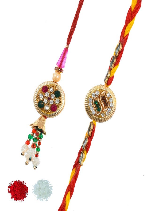 PrideKraft Designer Bhaiya Bhabhi Rakhi Set Lumba Rakhi Couple Rakhi For Sister In Law 1 Roli Rice Pack 1 Greet Card, Multi - Image 2