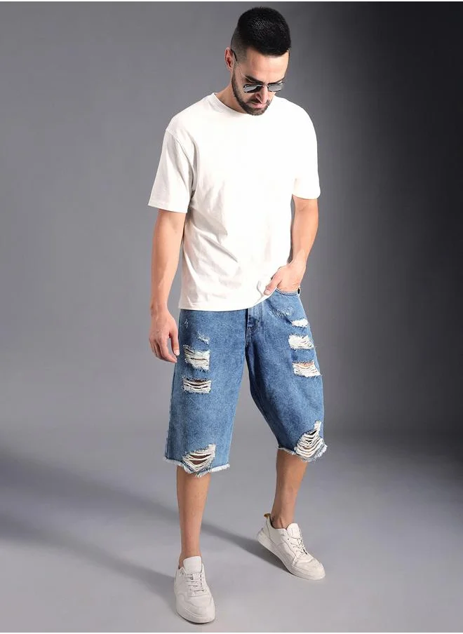هاي ستار Men's Indigo 100% Cotton Solid Knee Length Denim Bermuda Regular Fit Shorts