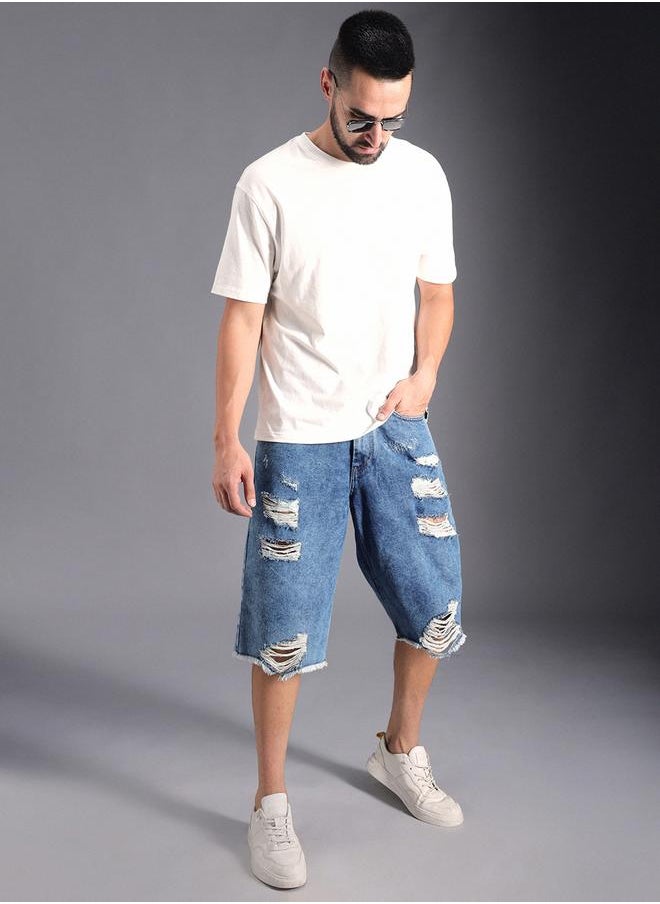 HIGH STAR Men's Indigo 100% Cotton Solid Knee Length Denim Bermuda Regular Fit Shorts  - Image 1