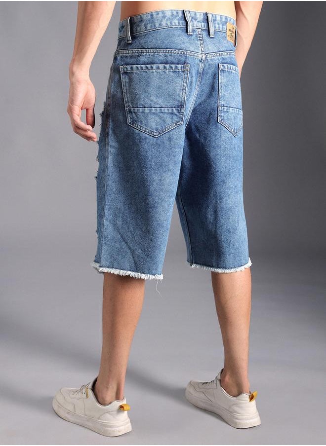 HIGH STAR Men's Indigo 100% Cotton Solid Knee Length Denim Bermuda Regular Fit Shorts  - Image 3