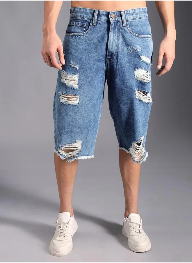 هاي ستار Men's Indigo 100% Cotton Solid Knee Length Denim Bermuda Regular Fit Shorts