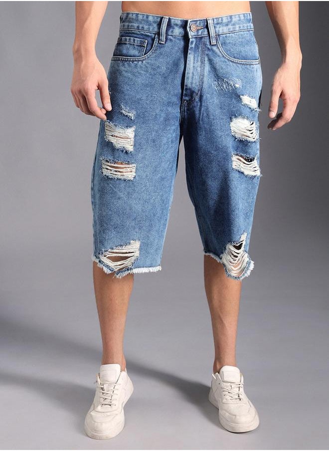 HIGH STAR Men's Indigo 100% Cotton Solid Knee Length Denim Bermuda Regular Fit Shorts  - Image 2