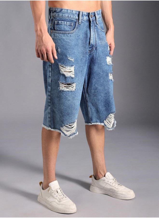 Men's Indigo 100% Cotton Solid Knee Length Denim Bermuda Regular Fit Shorts