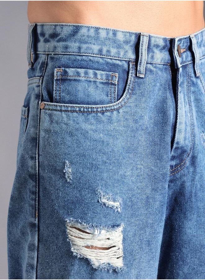 HIGH STAR Men's Indigo 100% Cotton Solid Knee Length Denim Bermuda Regular Fit Shorts  - Image 5