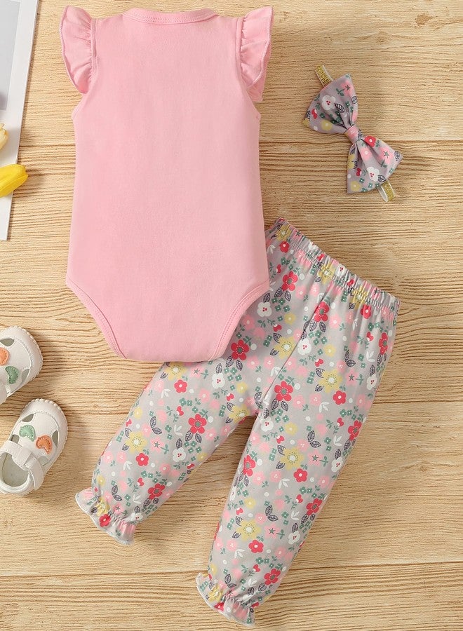 Fullfamous Baby Girl's 3pc Rib Frill Long Sleeve Romper and Pant Set, Pink, New Born - Image 2