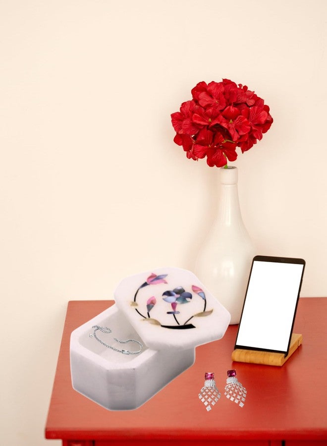 SANDSTERS VR SOURCING Handmade White Marble Small Jewelry Box with Floral Inlay Work | Decorative Trinket Box for Rings, Earrings & Gifts (octagonal with Inlay) - Image 2