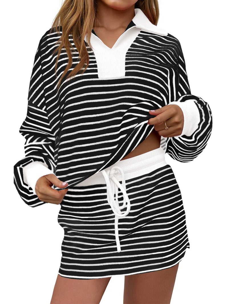 Fisoew Womens Striped 2 Piece Outfits Casual Sweatshirt Skirt Set Long Sleeve Skort Workout Set Matching Lounge Sets - Image 1