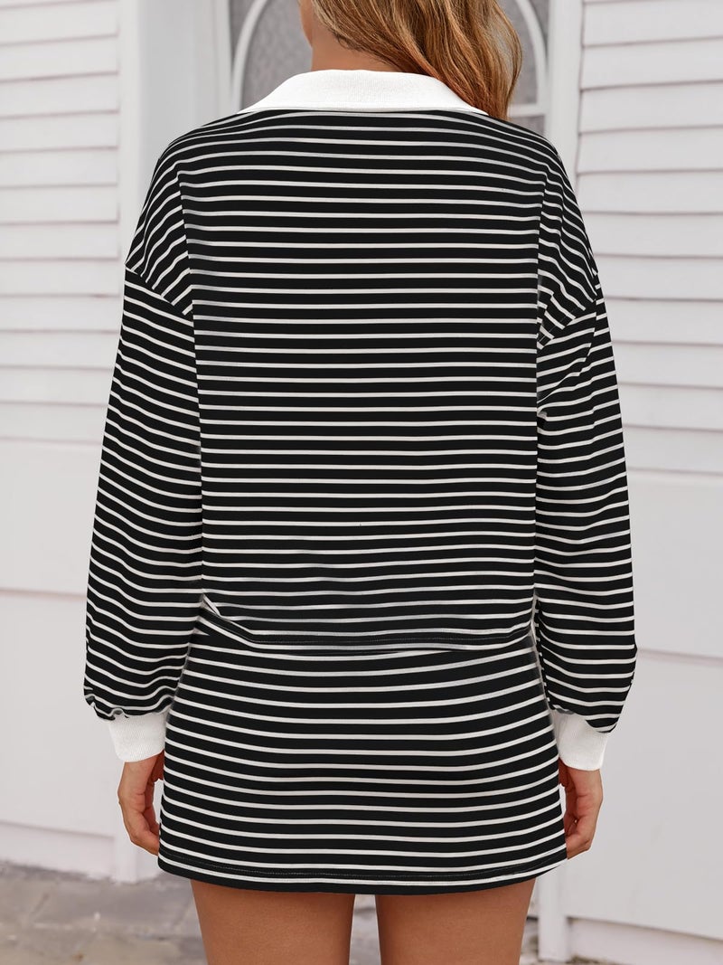 Fisoew Womens Striped 2 Piece Outfits Casual Sweatshirt Skirt Set Long Sleeve Skort Workout Set Matching Lounge Sets - Image 5