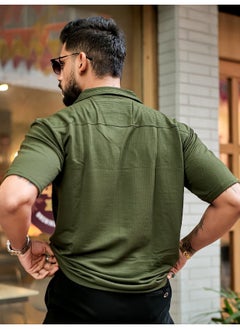Maniac Maniac Men Solid Collared Neck 3/4th Sleeve Olive Oversized Cotton Shirt  - Image 3