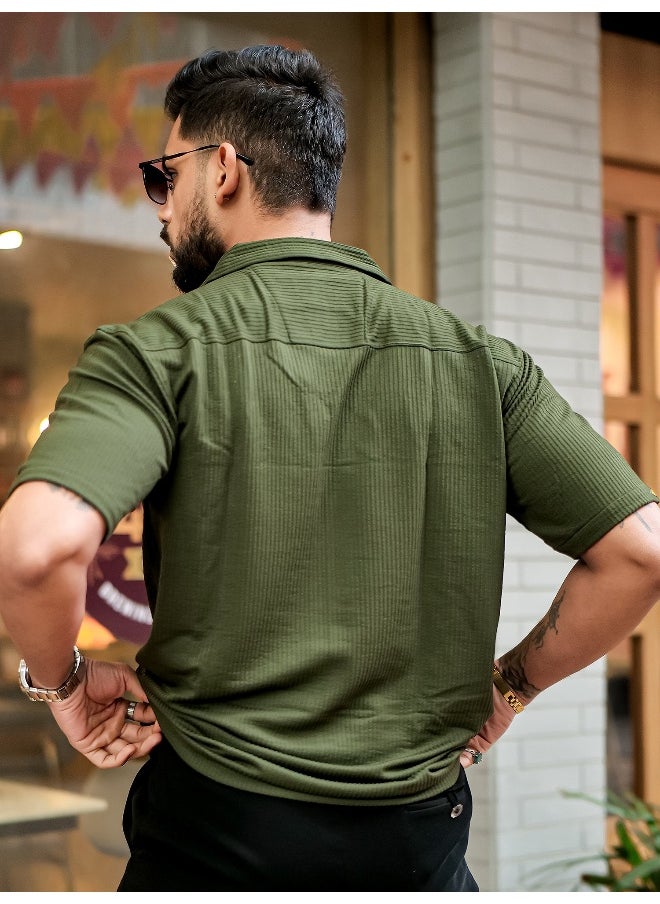 Maniac Maniac Men Solid Collared Neck 3/4th Sleeve Olive Oversized Cotton Shirt  - Image 3