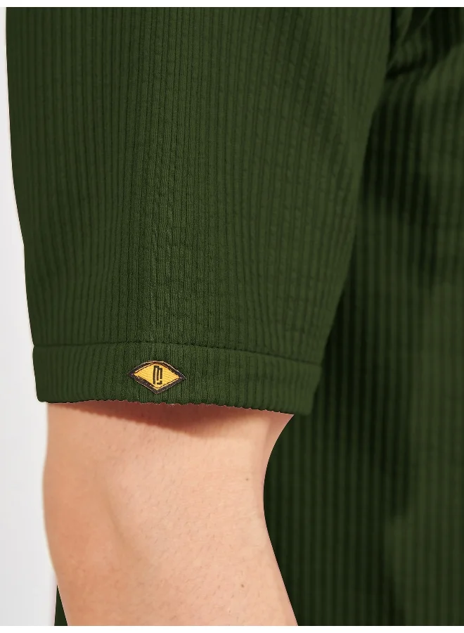 مانياك Maniac Men Solid Collared Neck 3/4th Sleeve Olive Oversized Cotton Shirt