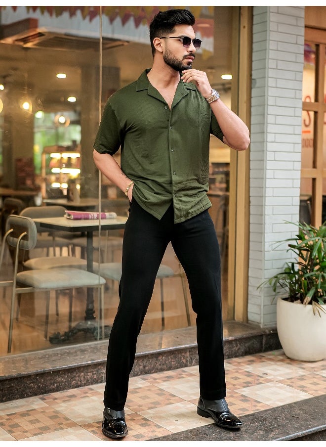Maniac Maniac Men Solid Collared Neck 3/4th Sleeve Olive Oversized Cotton Shirt  - Image 5