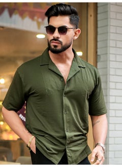 Maniac Maniac Men Solid Collared Neck 3/4th Sleeve Olive Oversized Cotton Shirt  - Image 1