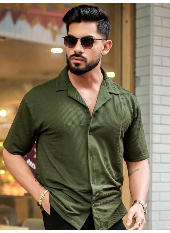 Maniac Maniac Men Solid Collared Neck 3/4th Sleeve Olive Oversized Cotton Shirt  - Image 1