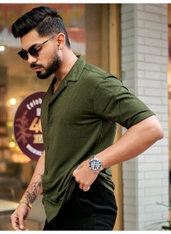 Maniac Maniac Men Solid Collared Neck 3/4th Sleeve Olive Oversized Cotton Shirt  - Image 2