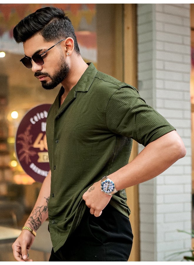 Maniac Maniac Men Solid Collared Neck 3/4th Sleeve Olive Oversized Cotton Shirt  - Image 2