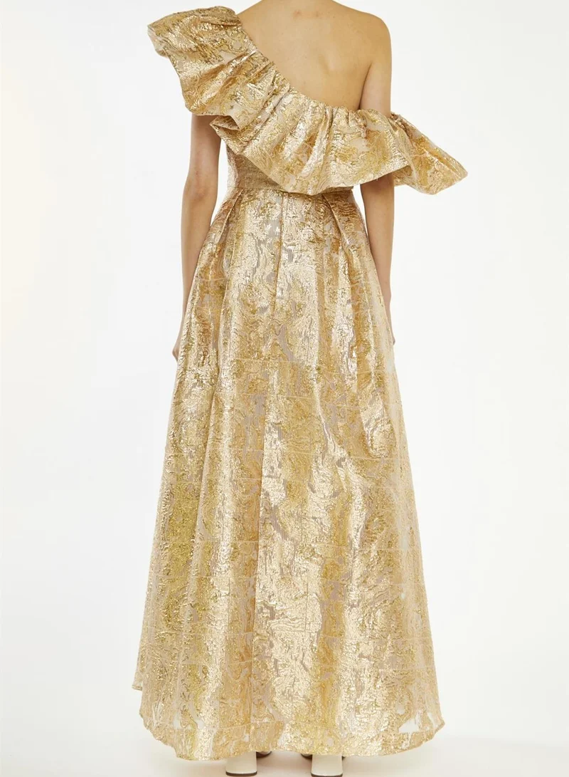 True Decadence Blake Gold Translucent-Jacquard Puff One Shoulder Maxi-Dress