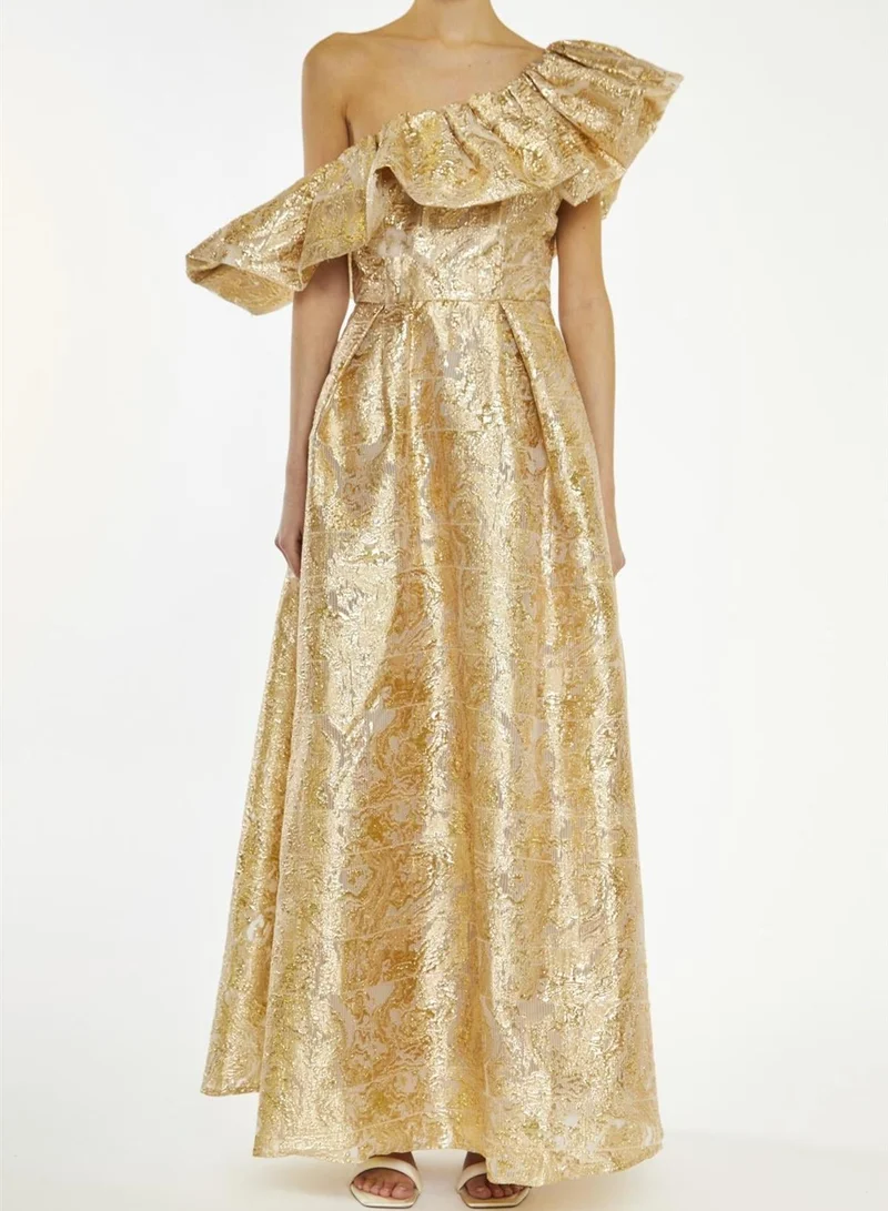 True Decadence Blake Gold Translucent-Jacquard Puff One Shoulder Maxi-Dress