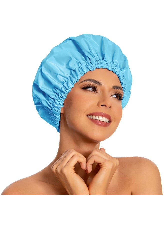 Edoneery Reusable Shower Cap for Women Large Waterproof Shower Bonnet Washable Elastic Band Bath Hair Hat for Long Hair BraidsLake Blue - Image 2