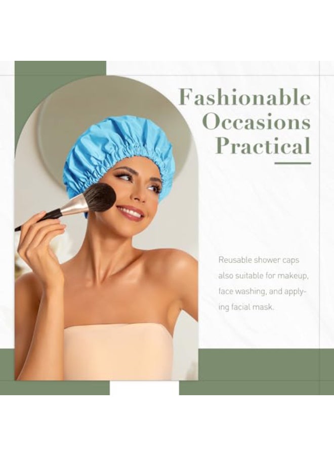 Edoneery Reusable Shower Cap for Women Large Waterproof Shower Bonnet Washable Elastic Band Bath Hair Hat for Long Hair BraidsLake Blue - Image 3