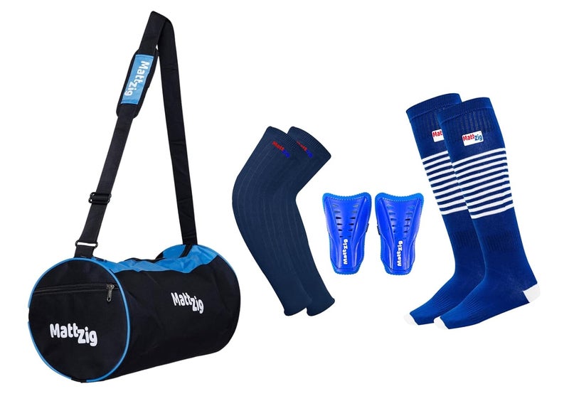 MATTZIG ® Club Football Kit - Striped Lycra Socks, Shin Guards, Arm Sleeves, Kit Bag (Blue) - Image 1