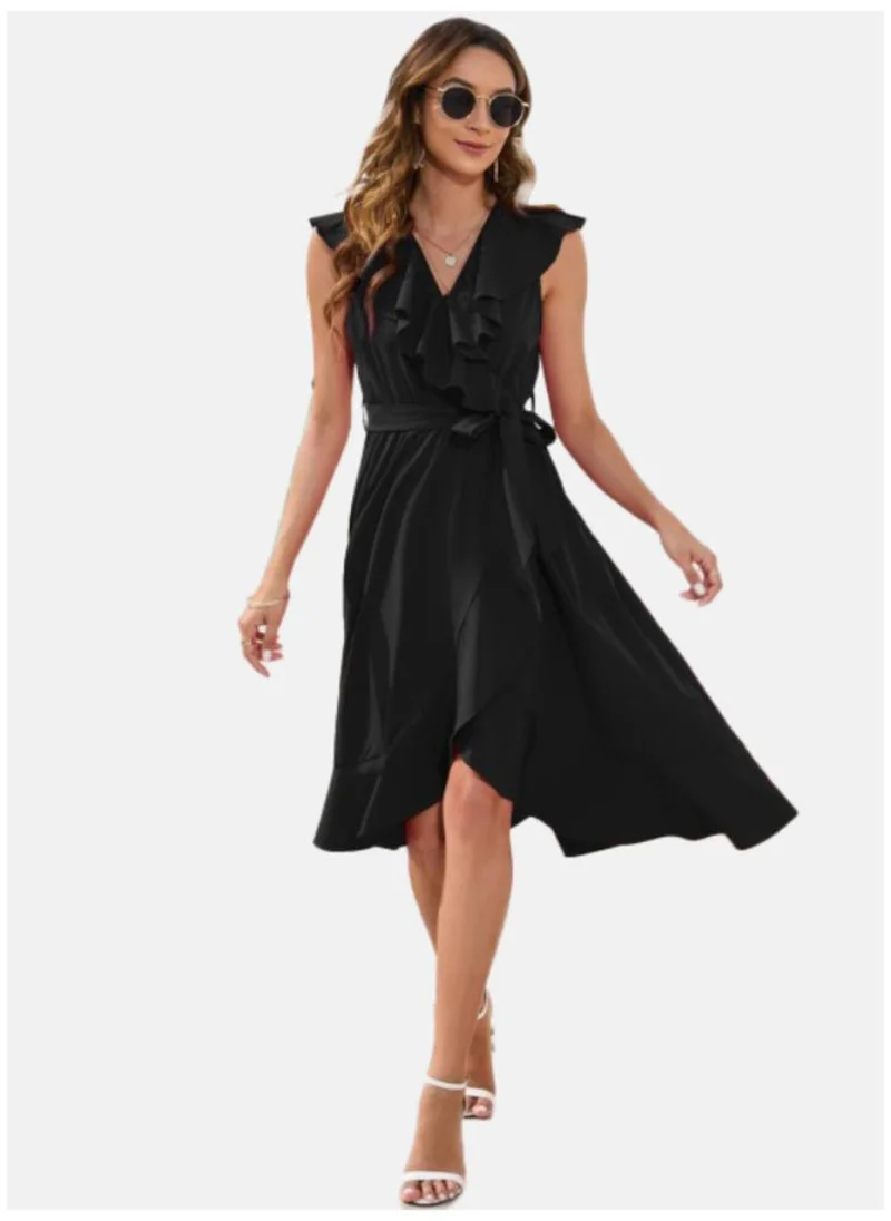 يونيكي Black Flutter Sleeve Satin Fit & Flare Dress